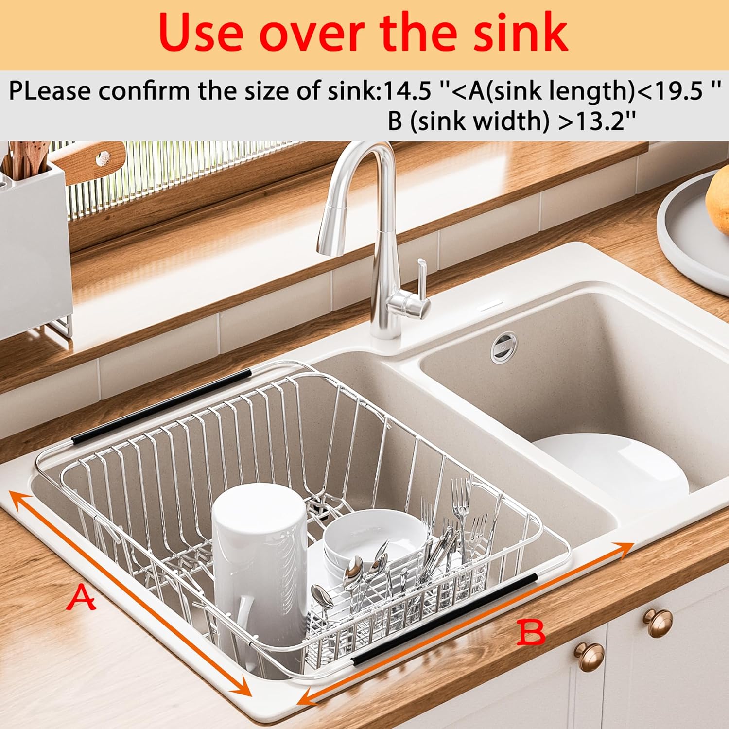 Stainless Steel Dish Drying Rack(15.2"L X 13"W X 5.8"H), Expandable Fruit & Vegetable Drain Rack over Sink, Dish Drainer Rack in Sink, with Stainless Steel Utensil Holder & Silicone Mat(16")