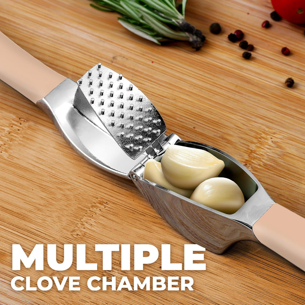 Zulay Kitchen Comfort Grip Garlic Press - Garlic Mincer Tool - Garlic Crusher - Garlic Press Mincer Rust Proof, with Soft Ergonomic Handle, Easy Clean Set with Peeler and Brush - Light Pink