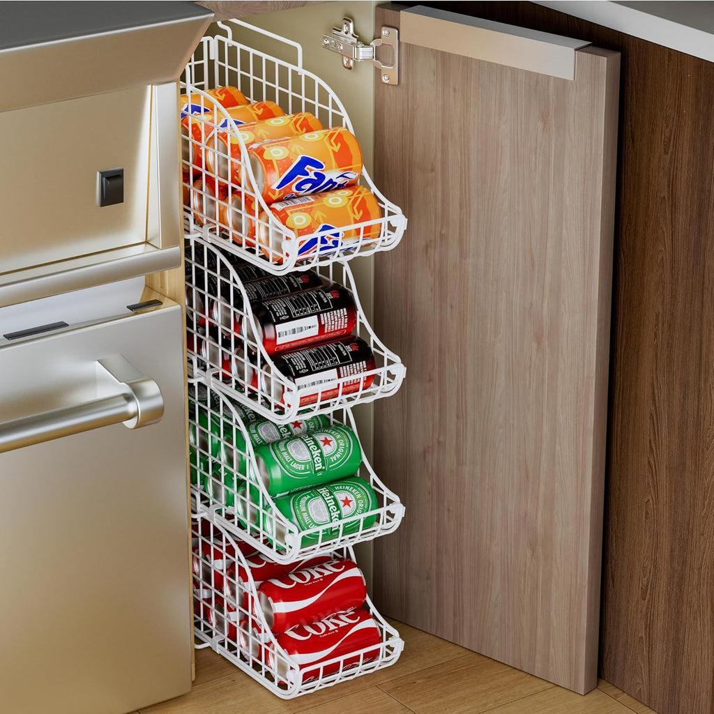 Can Storage Organizer Pantry, Stackable Kitchen Canned Food Holder With Handles, Can Organizer For Pantry Countertop Cabinet, Beverage Drink Pop Soda Can Dispenser Patent Pending (White, 4 Pack)