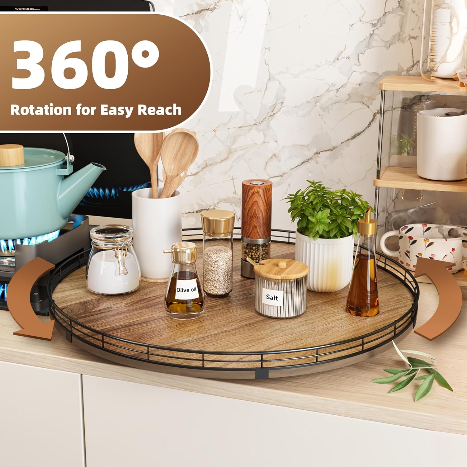 Acacia Wood 21" Lazy Susan Turntable Organizer for Table Top, Farmhouse Extra Large Round Lazy Susan for Serving Kitchen Countertop Cabinet for Charcuterie Centerpiece, Bathroom Vanity Tray Decor