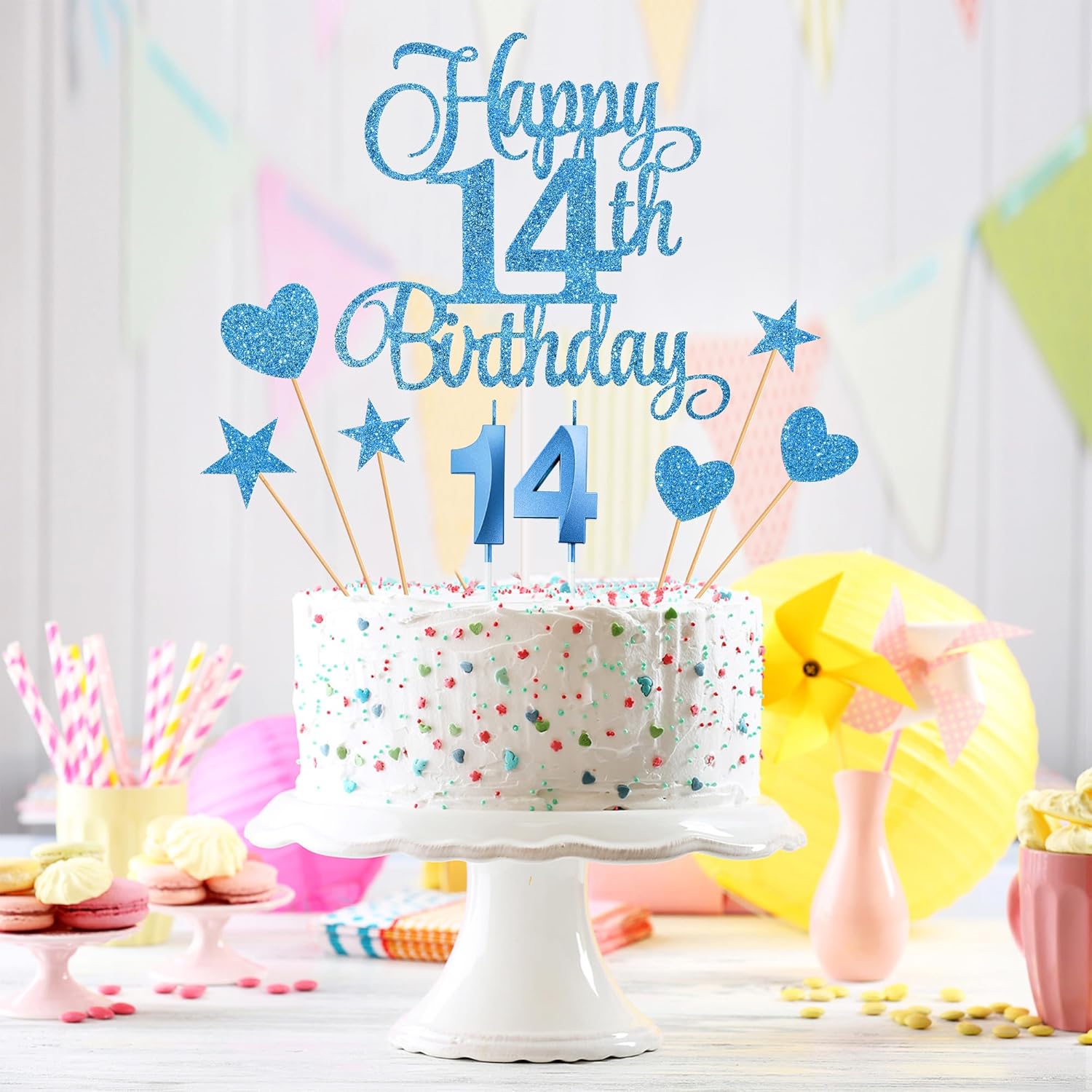 14th Birthday Cake Decorations, 14th Birthday Candles Cake Numeral Candles and Glitter Happy 14th Birthday Cake Toppers Set for Birthday Party Supplies (Blue)