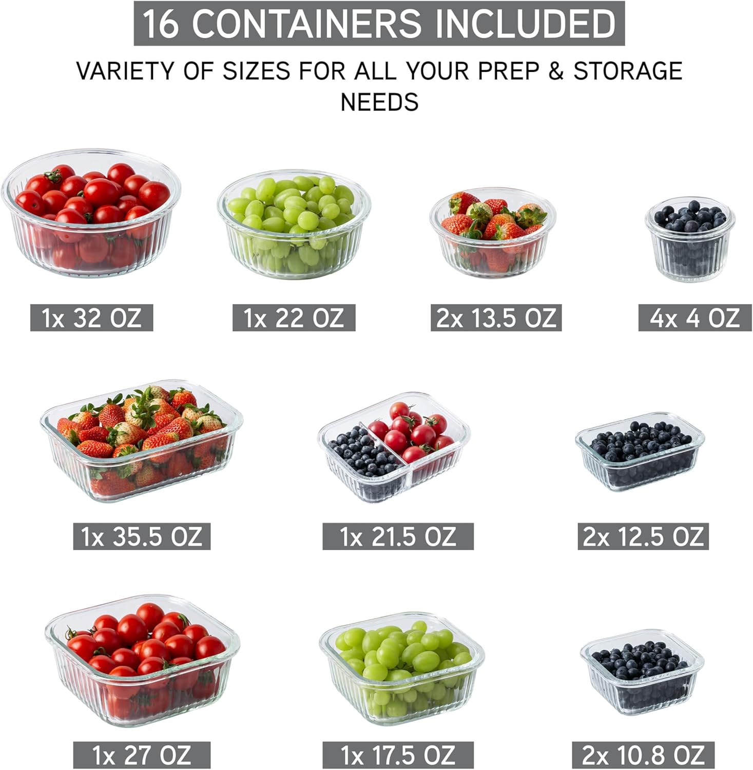COOK WITH COLOR Premium 32-Pc. Borosilicate Glass Food Container Set with Dividers - 4 Rectangles, 8 Rounds, 4 Squares - Leakproof Lids - Meal Prep, Storage, Fluted Ombre Grey