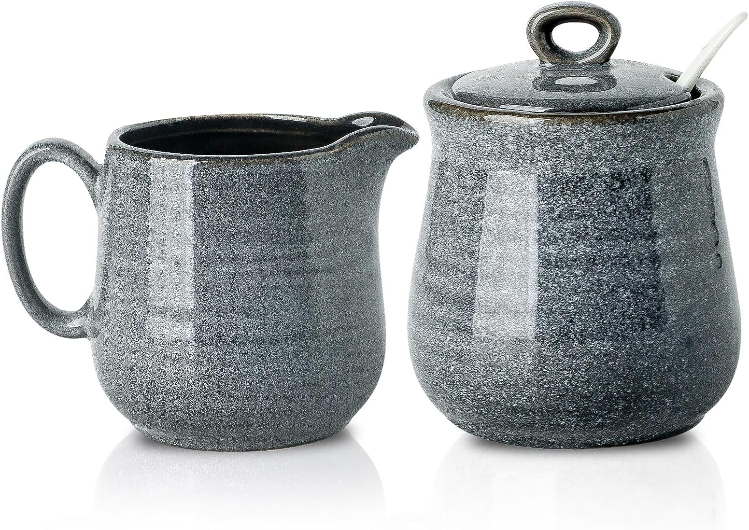 Hasense Porcelain Sugar and Creamer Set, 11 Oz Sugar Bowl with Lid and Spoon and 10 Oz Cream Pitcher, Farmhouse Coffee Sets for Serving, Dishwasher Safe, Grey