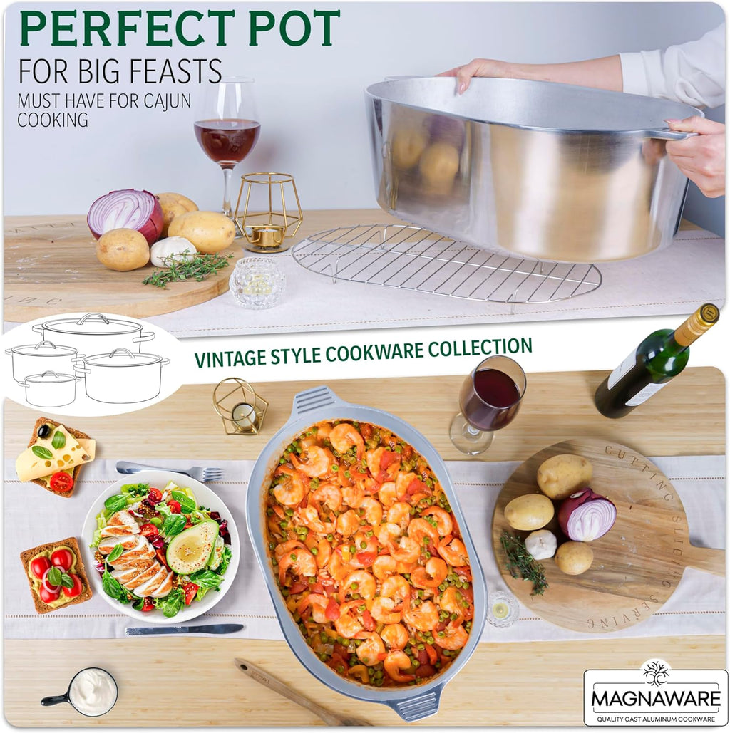 Cast Aluminum Oval Dutch Oven with Lid — 12.6 QT Heavy Duty Roaster Pan with Rack & Silicone Cover Dual Handles — Cajun Cookware for Roasting, Baking, Cooking (18" X-Large)