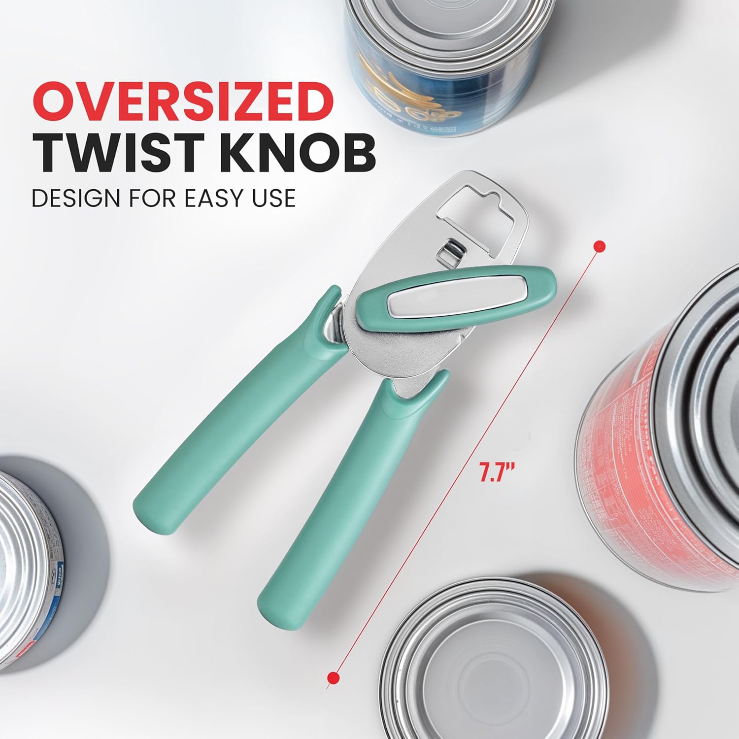 Zulay Kitchen Heavy Duty Stainless Steel Manual Can Opener – Ergonomic Soft Grip Handles, Smooth Edge Cutting Wheel & Large Built In Bottle Opener – Easy Turn Knob for Effortless Use - Mint