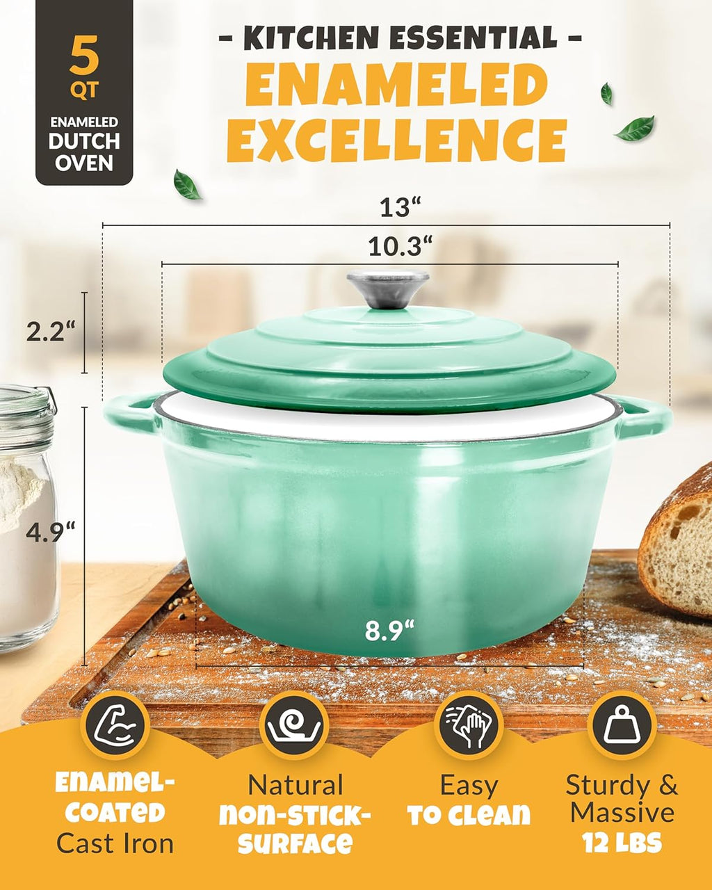 Dutch Oven for Bread Baking - incl. Sourdough Bread-Baking Supplies like Banneton Bread-Proofing Basket - 5QT Enameled Cast Iron Bread-Oven with Lid, Baking Pan, Scoring Tool Lame