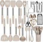 Silicone Cooking Utensils Set, NCUE 35 Pcs Kitchen Utensils Set with Holder, with Stainless Steel Handle Spatula Set, Spoons, Pasta Server, Cheese Grater, Masher, Scissors, Dishwasher Safe (Khaki)