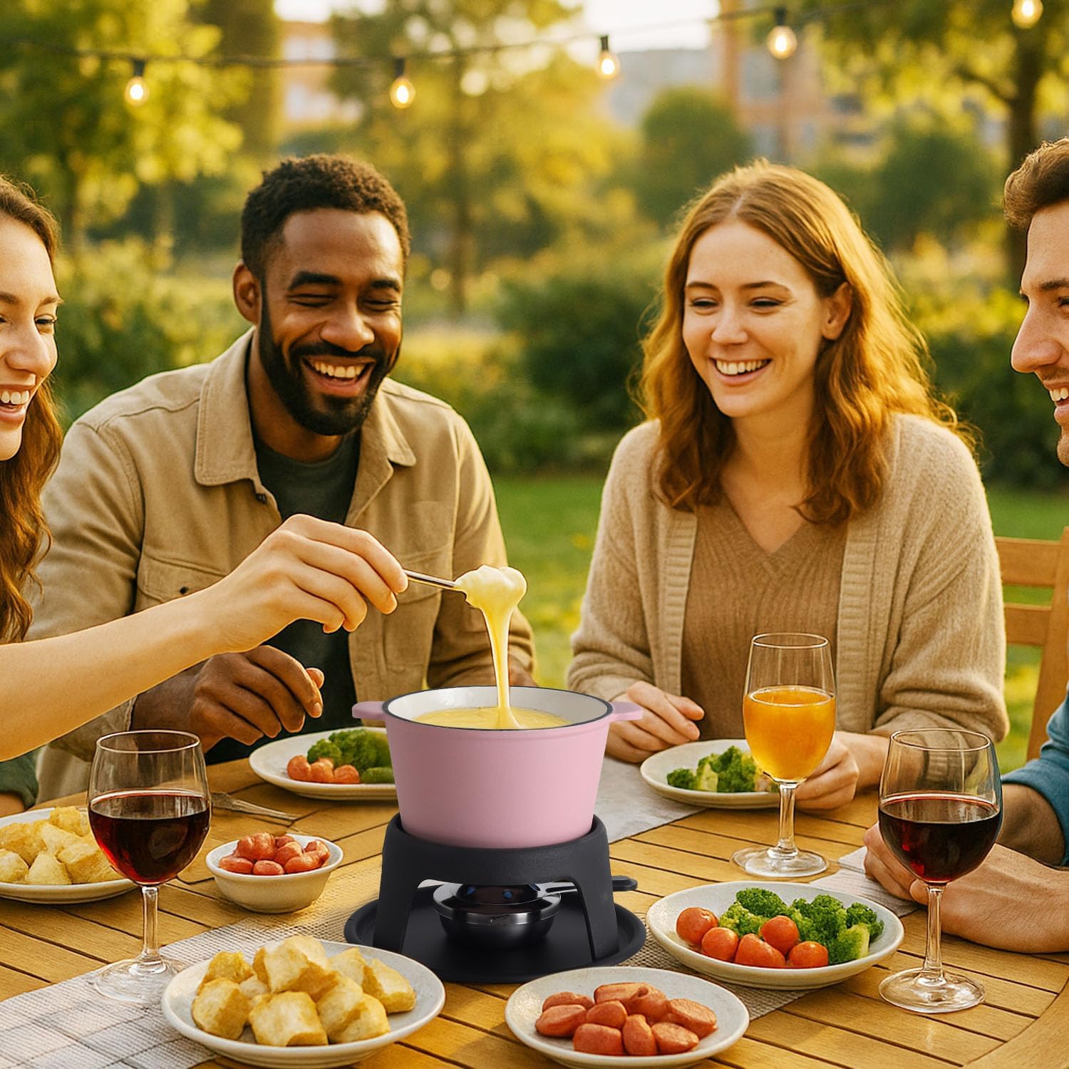Artestia Cast Iron Cheese Fondue Pot Set for Chocolate Swiss Fondue Set Camping Fondue Set with 6 Fondue Forks, 11-Piece Cheese Fondue Set Serve 6 Persons (Pink)