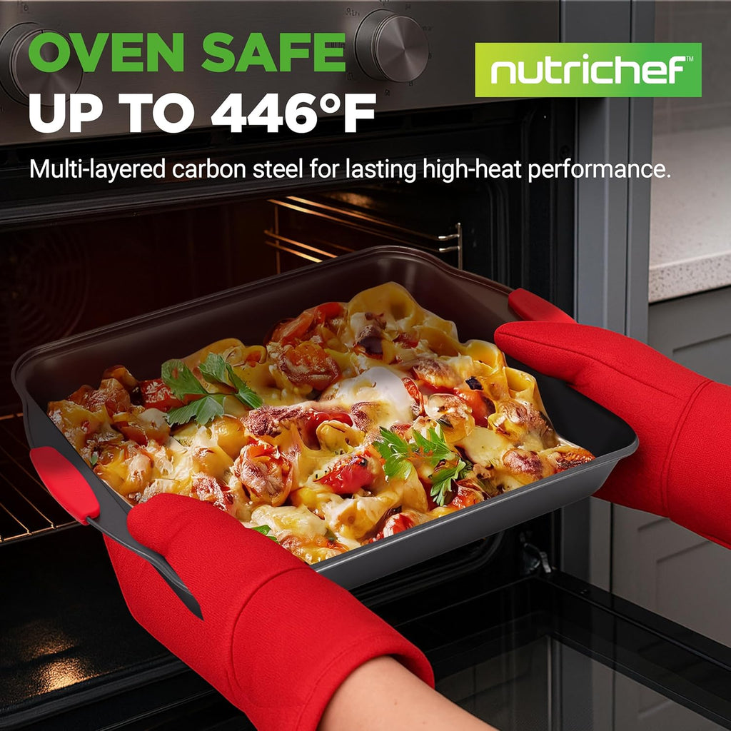 NutriChef Non-Stick Kitchen Oven Baking Pans-Deluxe & Stylish Nonstick Gray Coating Inside Outside, Commercial Grade Restaurant Quality Metal Bakeware with Red Silicone Handles NCSBS8S, 8 Piece Set
