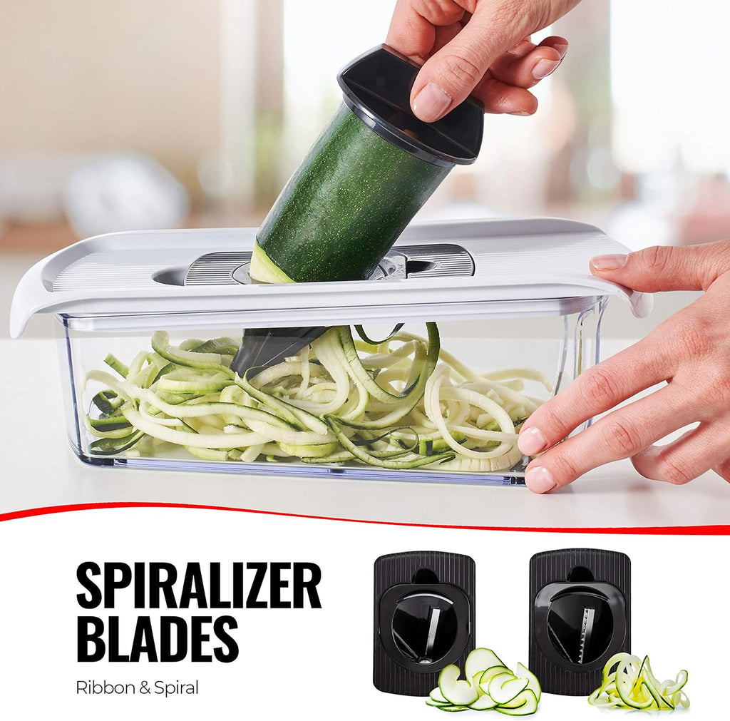 Fullstar Mandoline Slicer for Kitchen, Fruit Cutter, Cheese Grater, Cucumber Slicer, Veggie Spiralizer, Food Cutter & Kitchen Gadgets with Safety Glove (11 in 1, White)