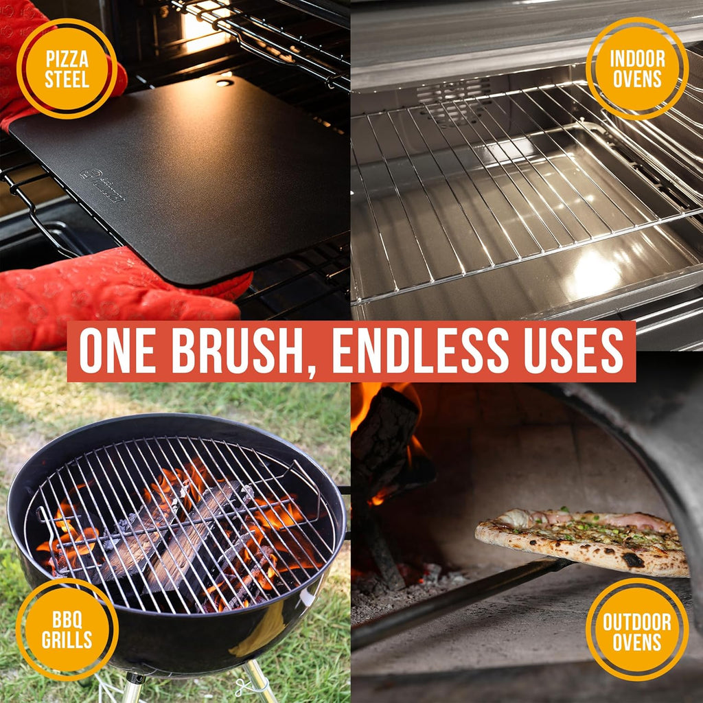 Chef Pomodoro Pizza Oven Brush with Scraper - Adjustable Handle (55cm to 87.7cm), Pizza Stone Brush, Pizza Oven Cleaning Brush, Outdoor Pizza Oven Accessories for Pizza Stones, BBQ Grill, and Ovens