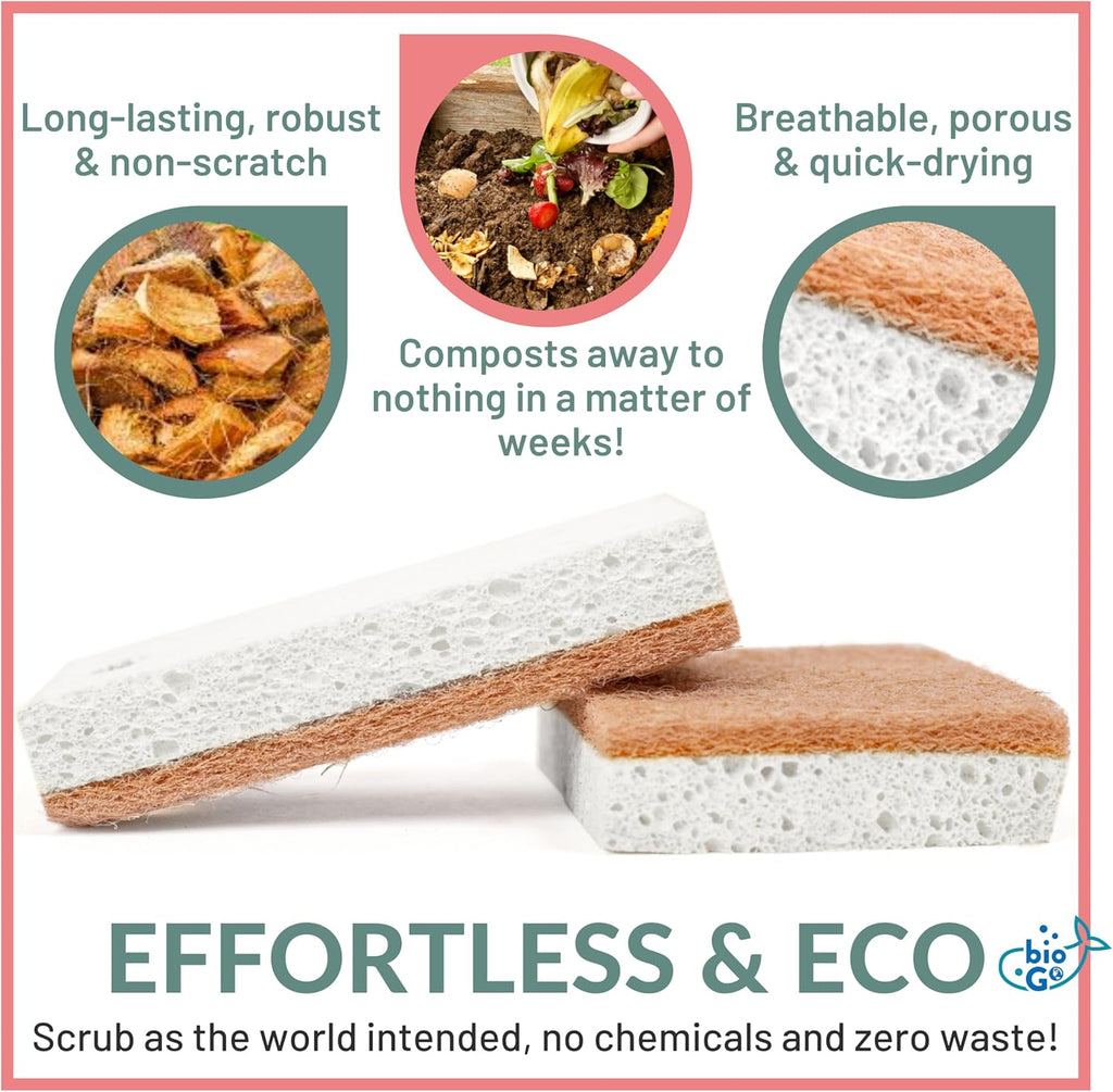 bioGo White 12 Pack Biodegradable Kitchen Sponge - Eco-Friendly, Compostable, Natural Cellulose Dish - Compostable - Biodegradable - Cellulose Sponges Kitchen