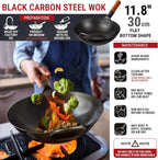 YOSUKATA 11.8" Carbon Steel Wok Pan – Pre-Seasoned Flat Bottom Pow Wok for Stir Fry, BBQ, Grill & Camping – Traditional Japanese Chinese Cookware – Compatible with Induction, Electric, Gas, Open Fire