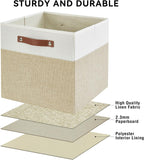 Collapsible Fabric Storage Cube Bins with 2 Reinforced PU Handles, Foldable Storage Organizer Baskets for Closet, Shelves, Living Room | 13"x13"x13", 4 Pack, Beige & White