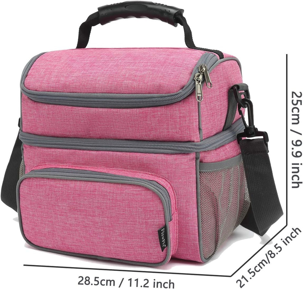 FlowFly Double Layer Cooler Insulated Lunch Bag Adult Lunch Box Large Tote Bag for Men, Women, With Adjustable Strap,Front Pocket and Dual Large Mesh Side Pockets