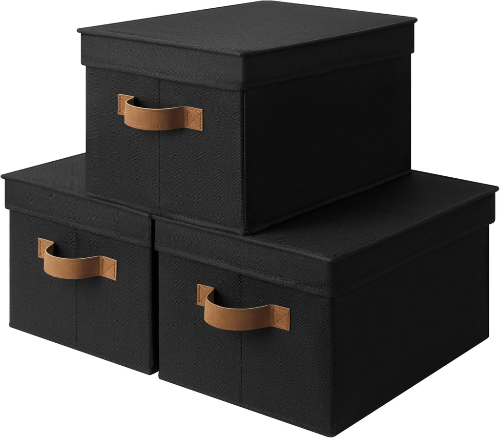 StorageWorks Large Storage Bins with Lids, Decorative Storage Boxes with Lid and PU Handles, Foldable Storage Baskets for Closet, Shelves, Stackable, Black, 3-Pack