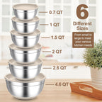 TeamFar Khaki Mixing Bowls, 6-Piece Stainless Steel Nesting Salad Bowls with Lid Set for Prepping Baking, Non-Toxic & Stackable, Air-Tight Lid & Non Slip Bottom, 4.6/2.6/2/1.5/1 / 0.7 QT