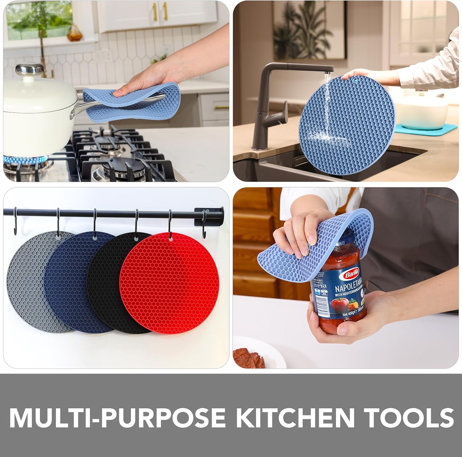 Joyhalo Trivets for Hot Dishes - Hot Pads for Kitchen, Silicone Pot Holders for Hot Pots and Pans, Silicone Mats for Kitchen Countertops, Table, Flexible Easy to Wash and Dry, Blue