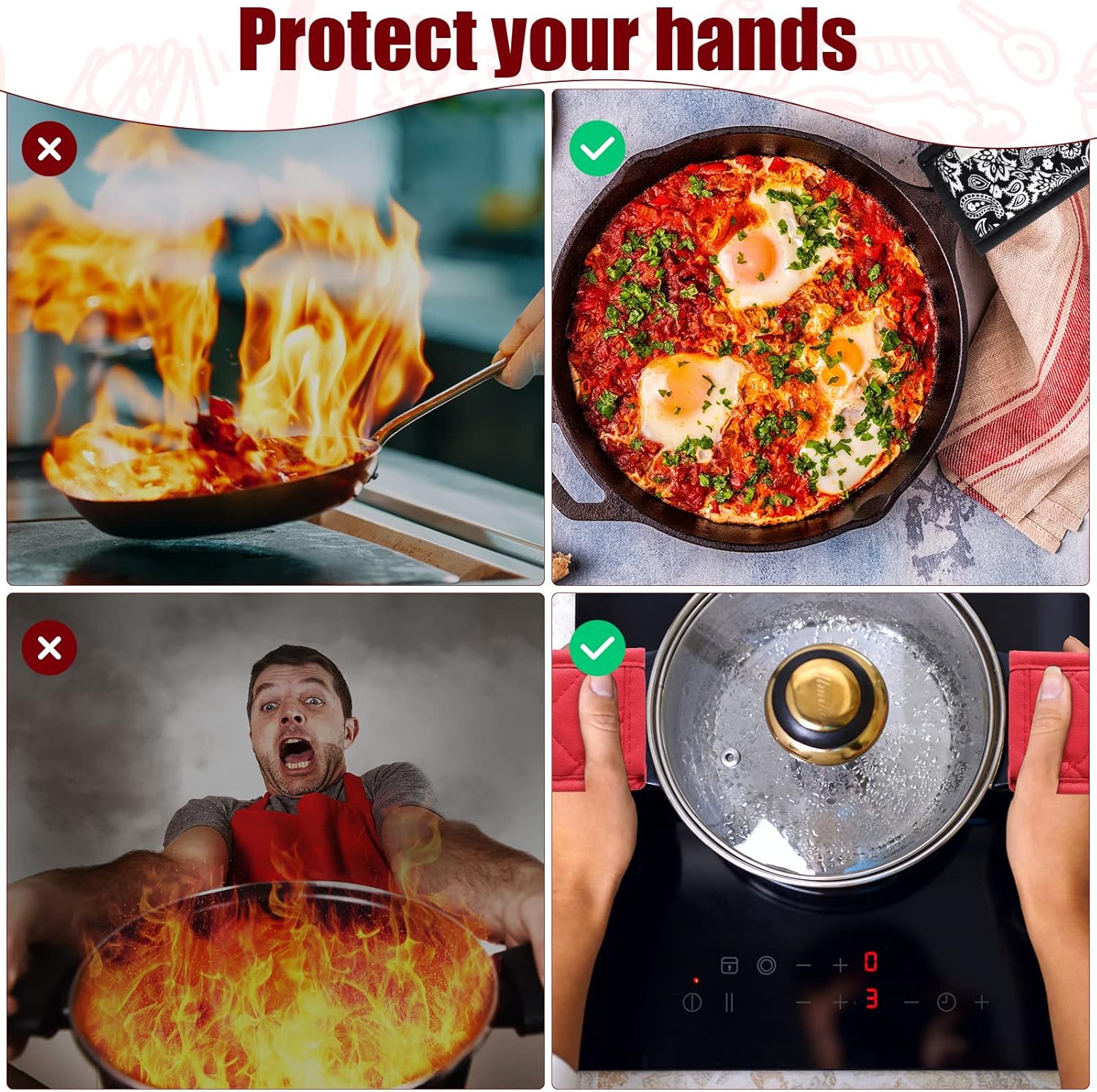 Geiserailie 8 Pieces Pan Handle Sleeve Heat Resistant Pot Sleeve Grip Non-Slip Skillet Pot Holder Machine Washable Cast Iron Handle Cover Cotton Assist Holder, 4 Styles, 3 x 6 Inch(Retro Style)