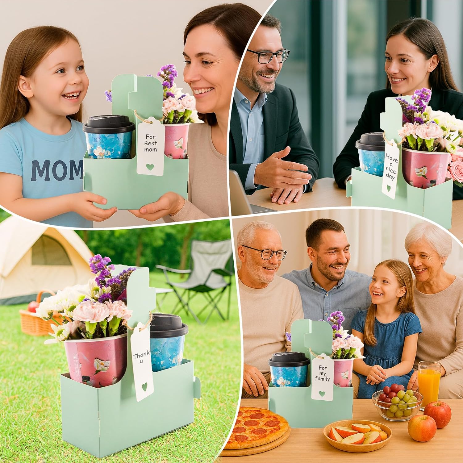 10 Pack 2 Cup Disposable Drink Carrier with Handle Paperboard Coffee Cup Holder Portable for Hot Cold Drinks Food Delivery Services with Heart Card for Teacher Appreciation Week Mother's Day