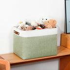 DULLEMELO 16 inch Fabric Storage Basket, Decorative Storage Boxes with Leather Handle for Closet Shelf Nursery, Collapsible Linen Storage Bins for Organizing Toys Book Towel Organizers(White&Green)