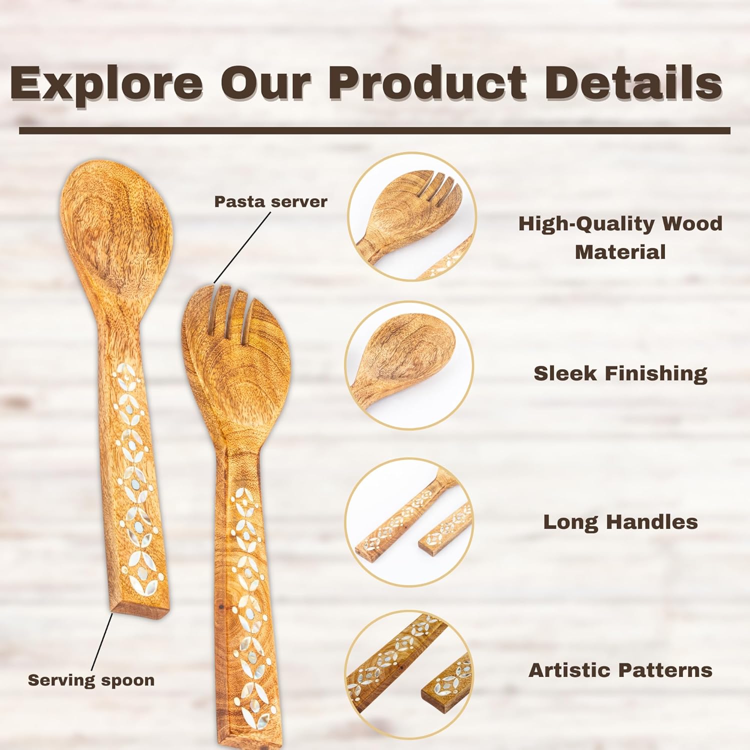 Salad Spoon Set 13 inches Tongs Serving Utensils Set,Acacia Salad Spoon and Fork Set Long Handle Salad Server Set Wood Serving Utensils