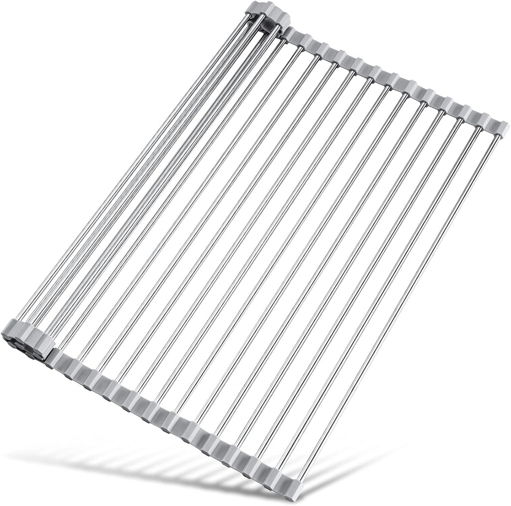 Tomorotec 17.7" x 12.5" Roll Up Dish Drying Rack Over Sink Drying Rack Sink Cover Kitchen Sink Accessories Gadget Multipurpose Organizer Foldable Stainless Steel Drainer