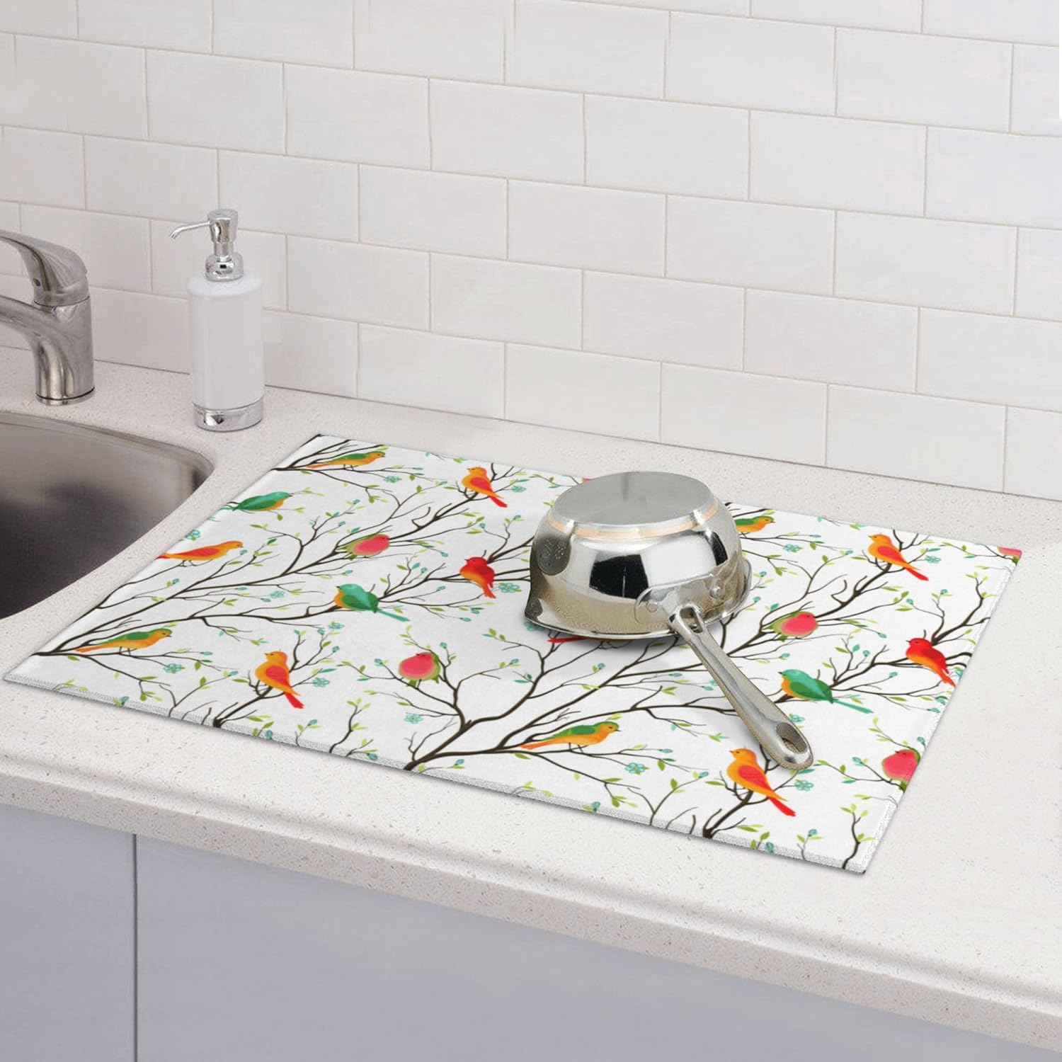 Cute Birds Kitchen Drying Mat Birds on Tree Microfiber Dish Drainer Mat for Kitchen Counter Absorbent Reusable Washable 18x24 Inch