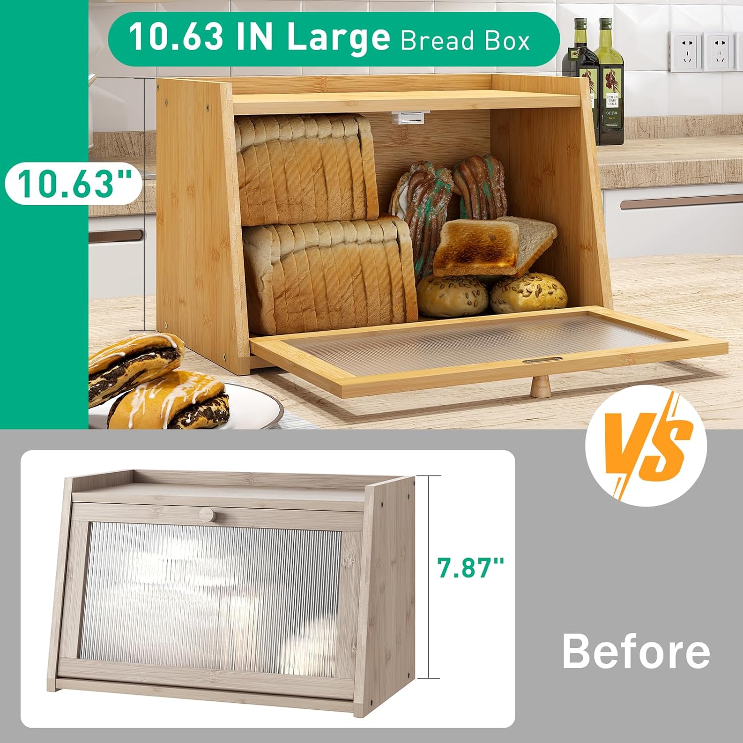Bread Box for Kitchen Counter, Large Bamboo Bread Storage Container with Wavy Arcylic Door, Bamboo Wooden Farmhouse Bread Box for Your House (Natural, Medium)