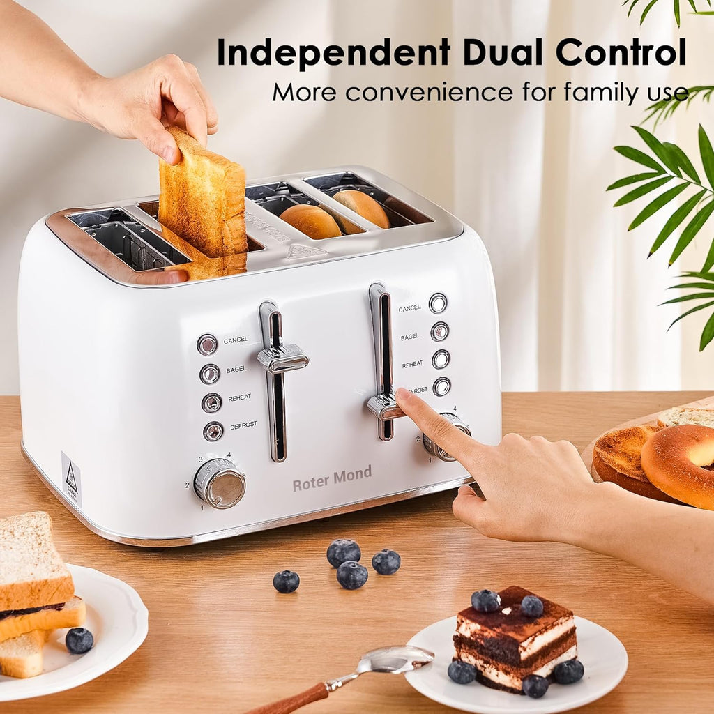 Toaster 4 Slice Retro Stainless Steel with Extra Wide Slots Bagel, Defrost, Reheat Function, Dual Independent Control Panel, Removable Crumb Tray, 6 Browning Levels, White