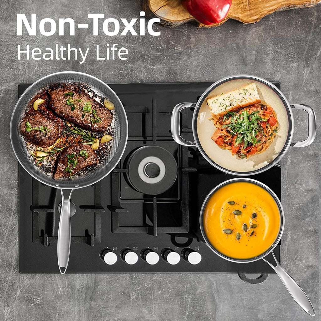 COOKER KING Non-toxic Frying Pans Set of 3 (8+10+12 Inch), Tri Ply Stainless Steel Pans, Induction Pan Set, Chef's Pan, Skillets Dishwasher & Oven Safe, Stay-Cool Handles, Compatible with All Cooktops