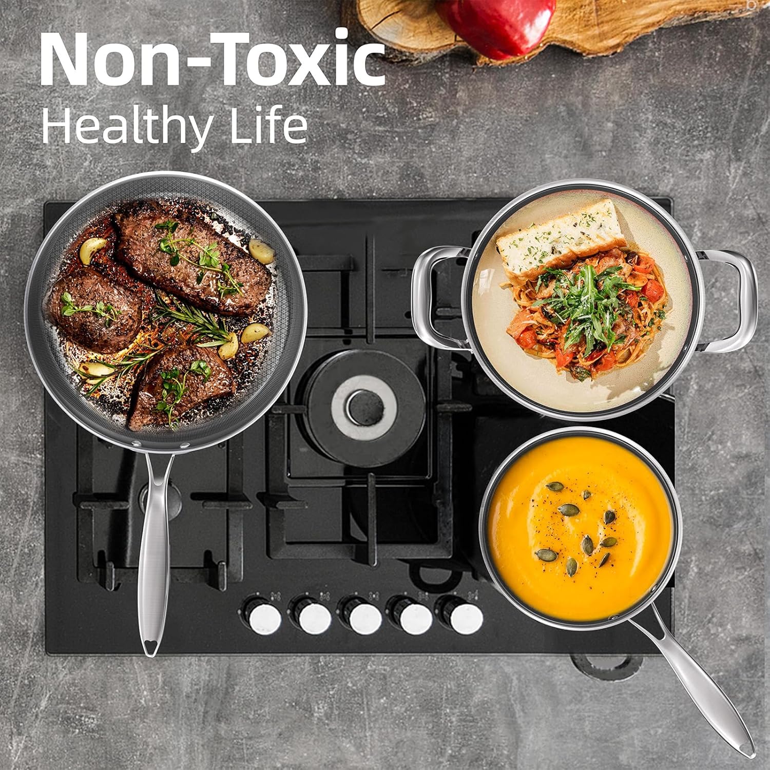 COOKER KING Non-toxic Frying Pans Set of 3 (8+10+12 Inch), Tri Ply Stainless Steel Pans, Induction Pan Set, Chef's Pan, Skillets Dishwasher & Oven Safe, Stay-Cool Handles, Compatible with All Cooktops