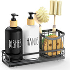 Moforoco Kitchen Dish Soap Dispenser Set, 16OZ Glass Bottle, Hand and Dish Soap Dispenser Set, Instant Dry Tray, Non-Slip Silicone Pad, Brush Holder with Sponge Holder, Kitchen Decor