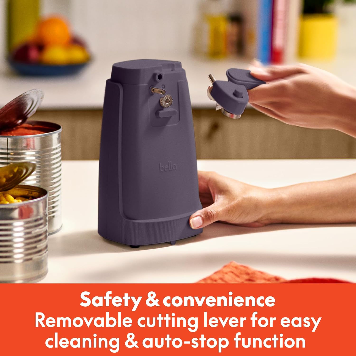 bella Electric Can Opener and Knife Sharpener, Multifunctional Jar and Bottle Opener with Removable Cutting Lever and Cord Storage, Stainless Steel Blade, Plum