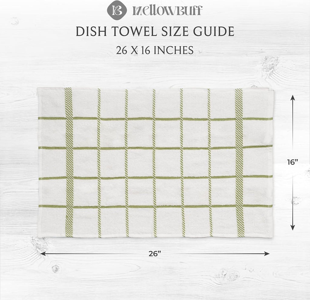 100% Cotton Terry Dish Towels, 4 Pack Checks, 16 x26 Inches, Super Soft and Absorbent Kitchen Towels, Perfect for Kitchen Cleaning and Dish Washing | Green