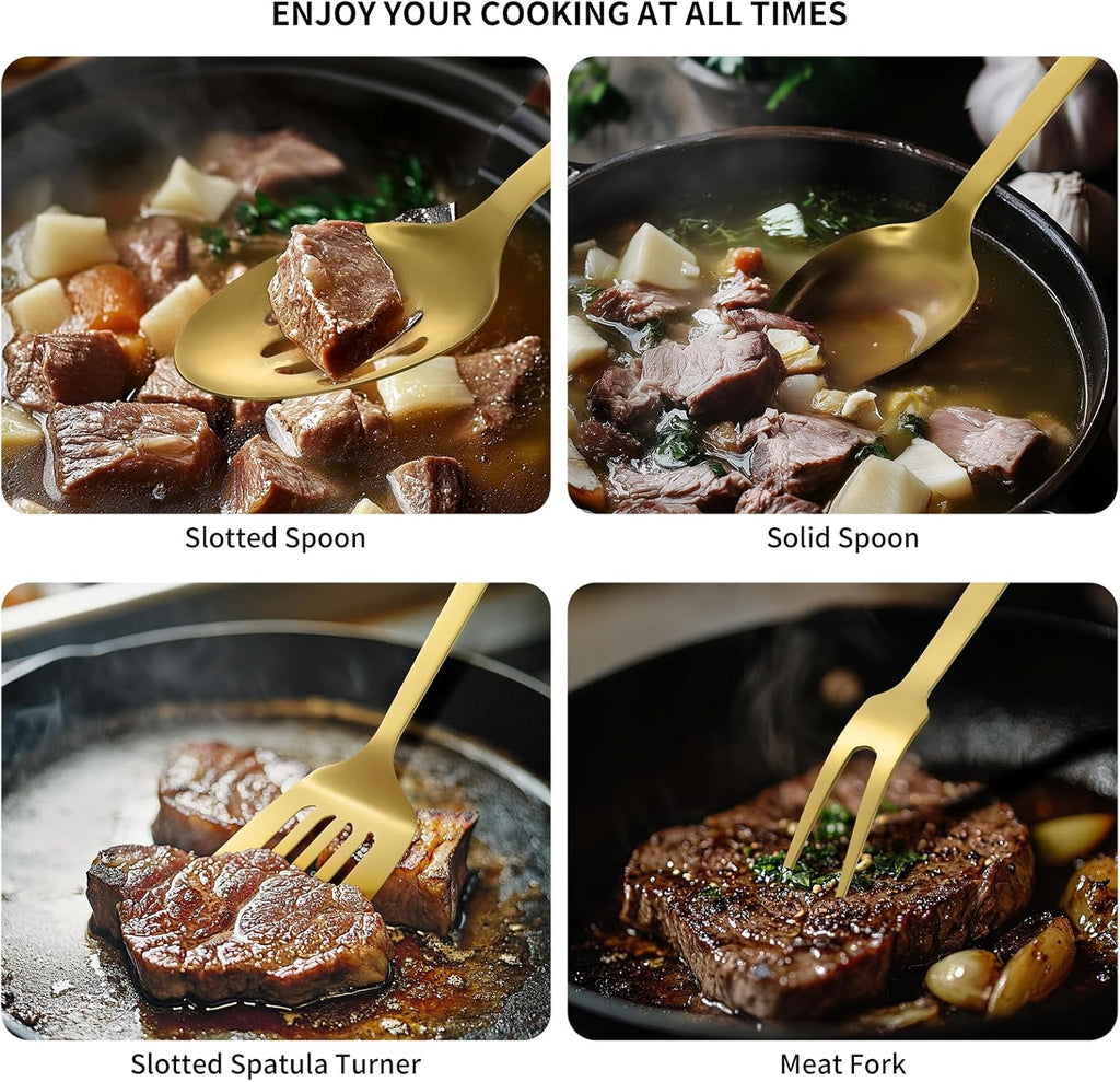 304 Stainless Steel Cooking Utensils Set, 8PCS Kitchen Utensils Set, Include Skimmer, Soup Ladle, Spaghetti Server, Wok Spatula, Slotted Spoon, Solid Spoon, Slotted Spatula Turner & Meat Fork, Gold