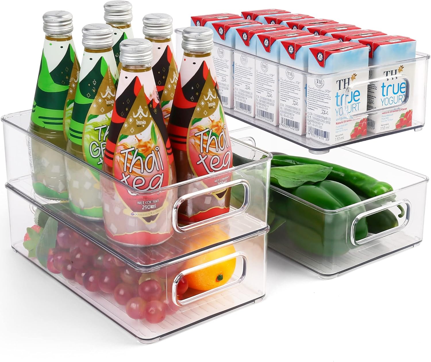 LotFancy Refrigerator Organizer Bins, 4 Pack,10x6x3 in, BPA Free Clear Plastic Storage Bins for Pantry Organization, Stackable Containers with Handles for Fridge, Kitchen Drawer, Freezer, Cabinet