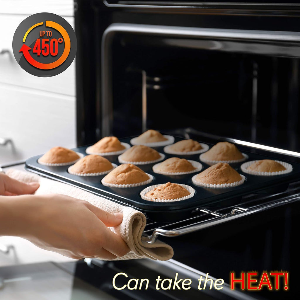 NutriChef Stackable Non-Stick Baking Pan Set – Carbon Steel Bakeware Set w/ Cookie Sheet, Muffin & Loaf Pan, Double Coated for Easy Release, Oven & Dishwasher Safe, Resists Warping, – Easy to Clean