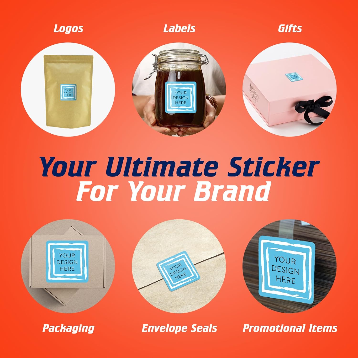 100 Custom Vinyl Stickers - Upload Your own Image, Text, Design, Logo - Personalized Logo Labels for Handmade, Packaging, Bottle, Jars, Candle, Brand Stickers (Blue Swirls, 1.5x1.5 Square)