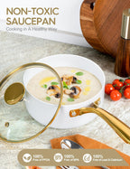 MICHELANGELO 1 Quart Nonstick Saucepan with Lid, Non-Toxic Ceramic Sauce Pan with Ergonomic Handle, 1 Qt Small Pot, Oven-Safe, White