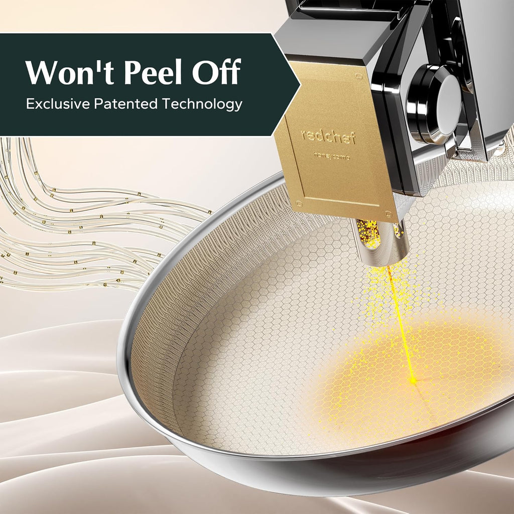Redchef Non Stick Frying Pans, Hybrid 12 Inch Ceramic Frying Pan, Tri-Ply Stainless Steel Skillet, Non Toxic, PFAS PFOA & PTFE Free, Dishwasher & Oven Safe, Compatible with All Cooktops