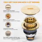 BOTEMY Stainless Steel Gold Sink Drain Strainer 3-1/2'' Kitchen Sink Drain Assembly Kit with Removable Deep Sink Strainer Basket and Sink Stopper Flat Cover Replacement for Home Standard Kitchen Sinks