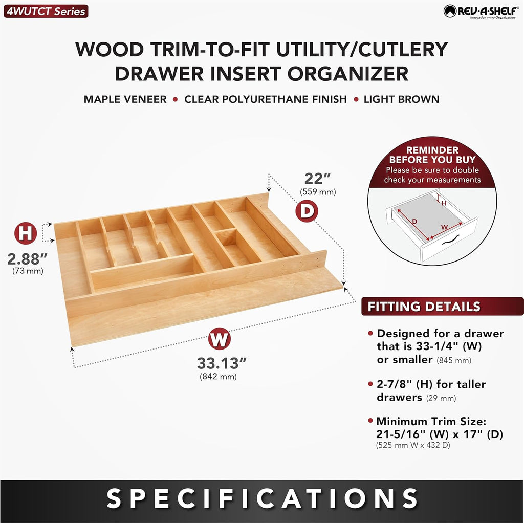 Rev-A-Shelf Trim-to-Fit Silverware Drawer Organizer For Kitchen Utensils, Cutlery Cabinet Storage Divider Insert, 33" x 22", Maple Wood, 4WUTCT-36-1