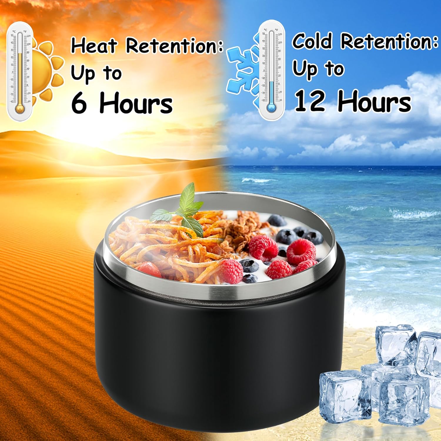 12oz Insulated Vacuum Food Jar with Buckle Lid Wide Mouth Soup Thermo for Hot Food Kids Leakproof Stainless Steel Lunch Container- Black- 1Pack