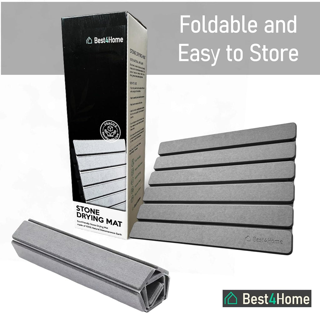 Stone Drying Mat for Kitchen Counter - Grey 12x16In Dish Drying Mat - Foldable Diatomite Stone Dish Rack - Absorbent Diatomaceous Earth Non-Slip Tray for Bathroom