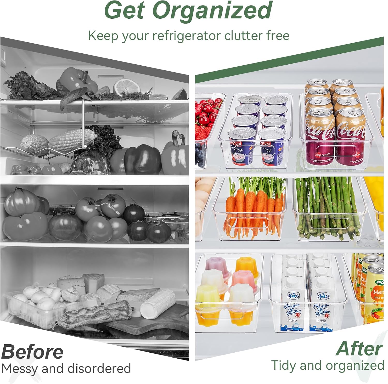 HOMER Set of 6 Refrigerator Organizer Bins, Pantry Organization and Storage Bins, Fridge Organizers with Cutout Handles, Clear Plastic Storage Bins for Pantry - BPA Free Kitchen Organizers