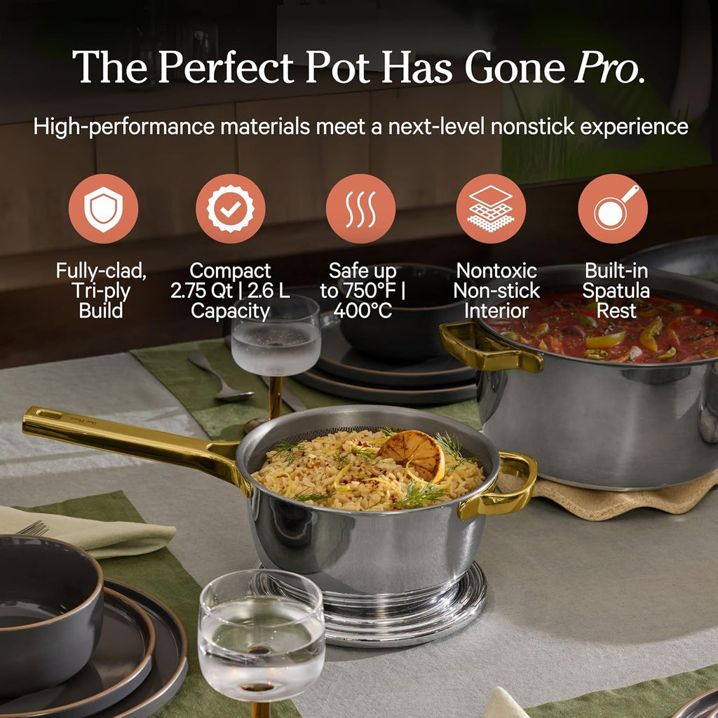 Our Place Titanium Mini Perfect Pot Pro - 2.75 Qt No-Coating Nonstick Pot | Tri-Ply Titanium & Stainless Steel | Oven-Safe up to 750°F & Compatible with All Cooktops | Gold