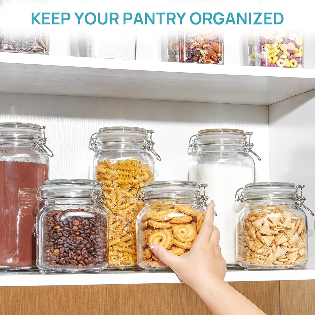 Vtopmart 78oz Glass Food Storage Jars with Airtight Clamp Lids, 3 Pack Large Kitchen Canisters for Flour, Cereal, Coffee, Pasta and Canning, Square Mason Jar with 8 Chalkboard Labels