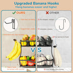 Large 2-Tier Fruit Basket for Kitchen Counter with 2 Banana Hangers – Metal Fruit Bowl for Onion, Vegetable, Snacks, Breads Storage – Countertop Organizer – Black, 14.5" W x 9.5" D