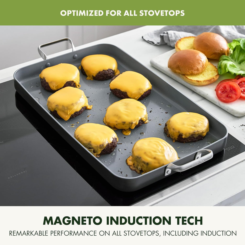 GreenPan Valencia Pro 18" x 11" Double Burner Griddle Pan, Induction Suitable, Ceramic Nonstick PFAS-Free, Rectangular Stovetop Cookware, Stainless Steel Handles, Dishwasher, Oven & Broiler Safe, Gray